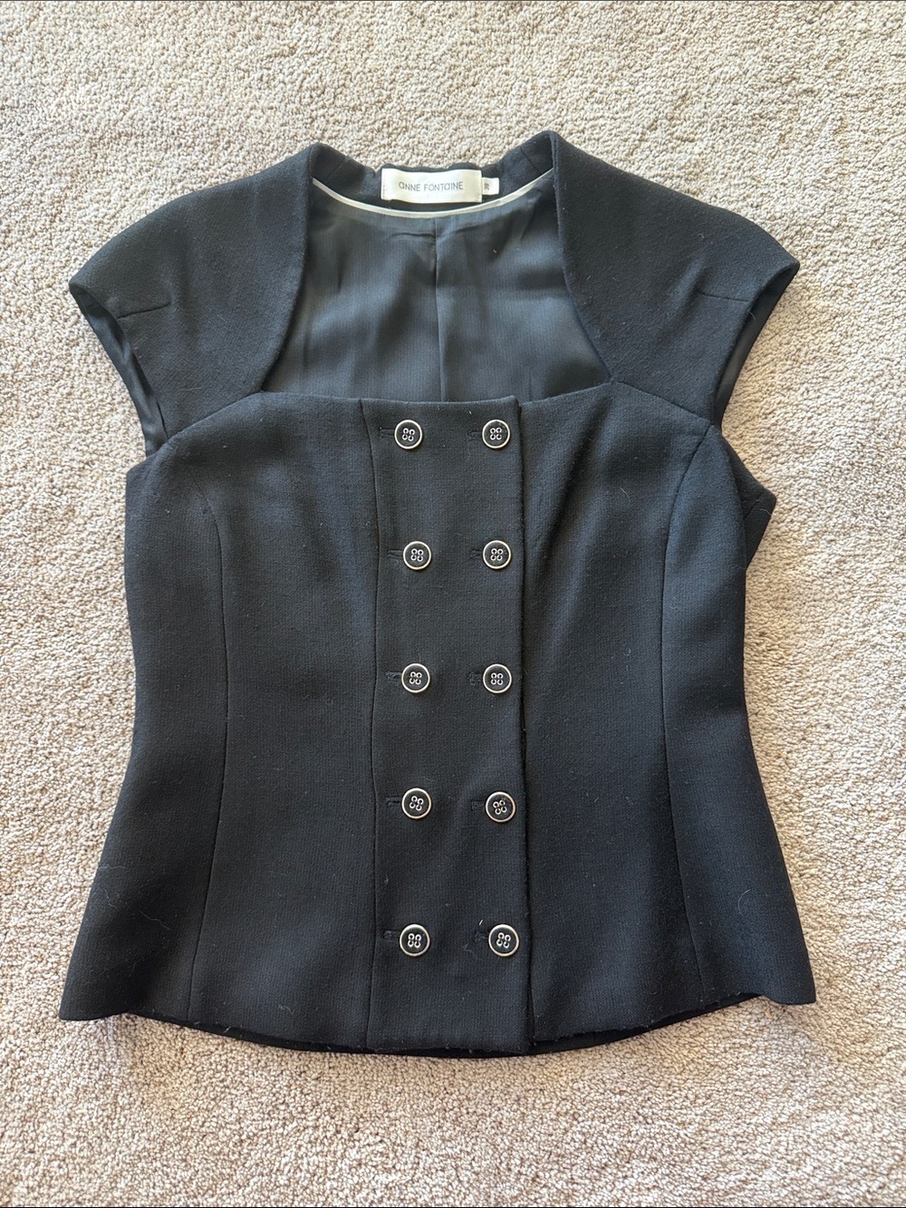 Anne Fontane Black Cap-Sleeve Double-Breasted Wool Vest